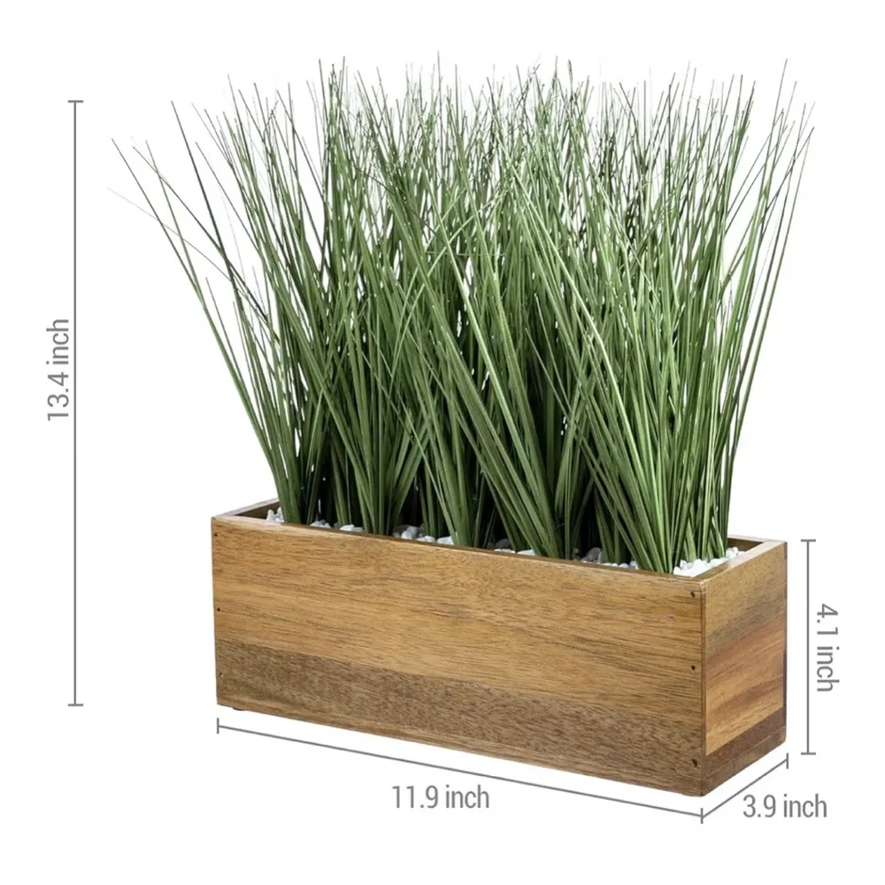 New MyGift Faux Grass Plants Wooden Acacia Planter 12